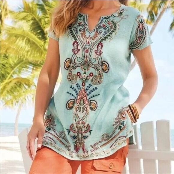 Soft Surroundings Tops - Soft Surroundings Belcaro Embroidered Beaded Short Sleeved Aqua Blue Tunic XS